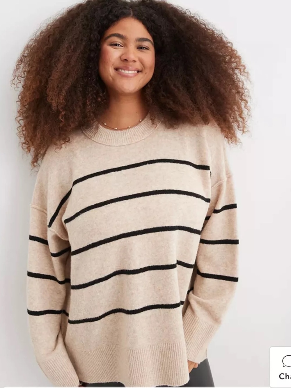 Aerie Cozy Beige Stripe Crew Sweater